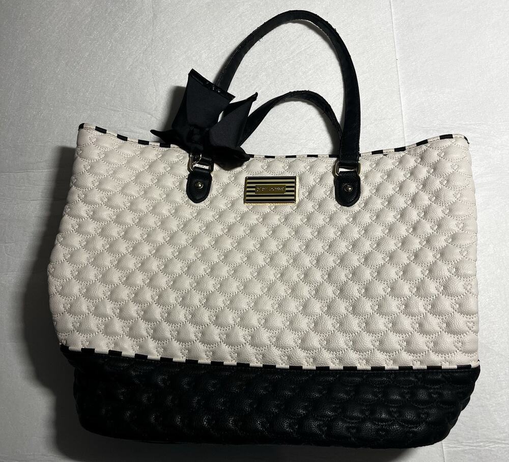 Betsey Johnson Black White Quilted Bow Satchel Tote Handbag Purse Gold Hardware